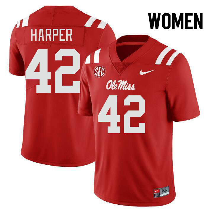 Women #42 Jack Harper Ole Miss Rebels College Football Jerseys Stitched-Red